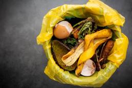 Foto de comida e sobras no lixo, representando desperdício alimentar.